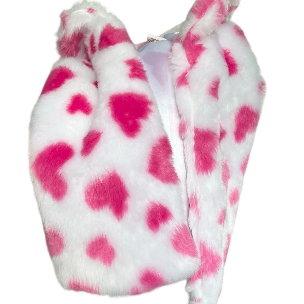 Max Studio Kids Hot Pink and White Faux Fur Heart Pattern Open Vest Girl’s 4 XS